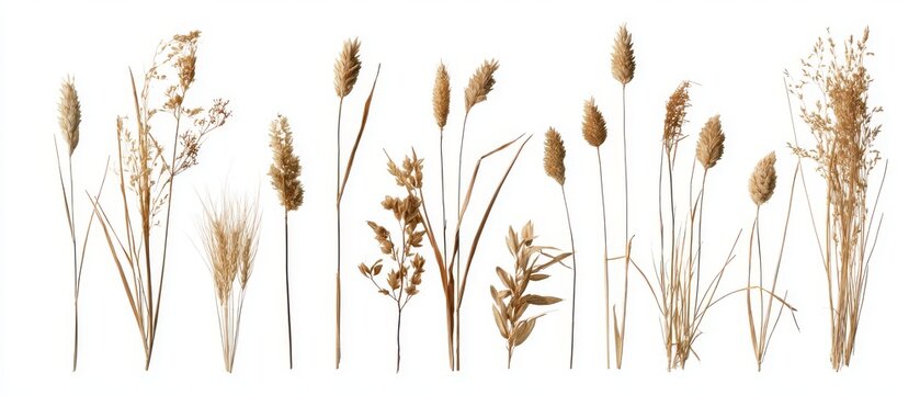 Collection of dried Timothy grass stalks and leaves, classic botanical set, pure white background