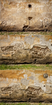 Collection of images with old cracked plaster and brick wall. Abandoned exterior urban backgrounds