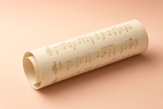 Rotolo di pergamena con spartito musicale e note dorate su sfondo color pesca