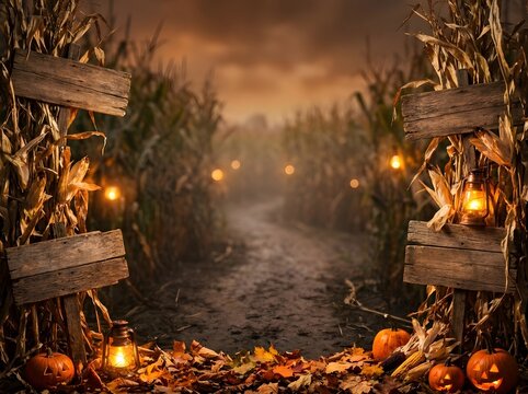 Spooky corn maze path with glowing lanterns and carved pumpkins for halloween celebration with border frame and copy space