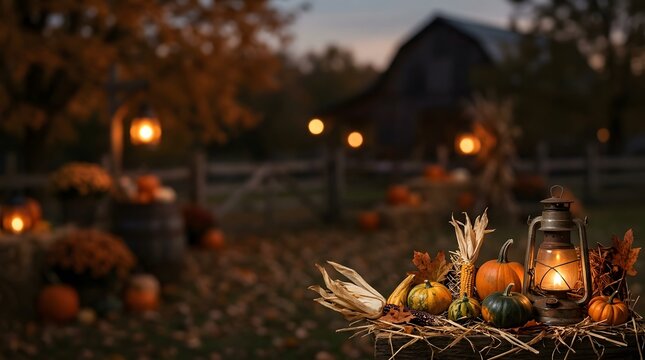Rustic barnyard scene at dusk, decorated for harvest and Halloween with pumpkins, corn stalks, and glowing lanterns with border frame and copy space