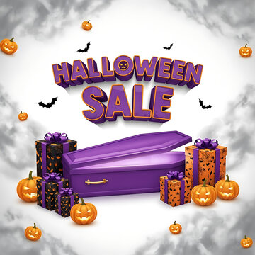 Halloween sale background with purple coffin and gifts