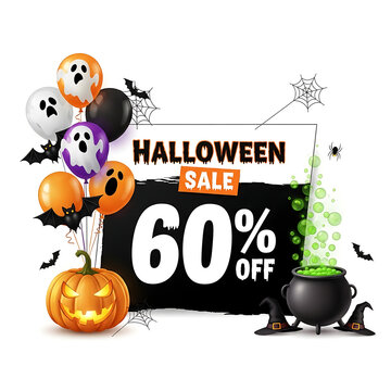 Halloween sale sixty percent off with cauldron and balloons