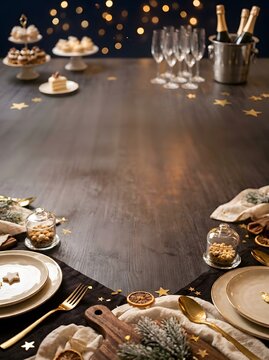 Gourmet banquet dinner table setting with golden cutlery plates and champagne for festive winter holiday celebration with border frame and copy space
