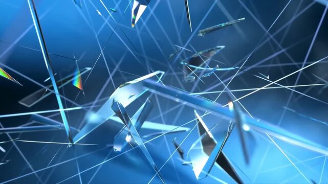 Reflective blue geometric shards drift through a futuristic digital space. Technology presentations, digital product branding, and science media.