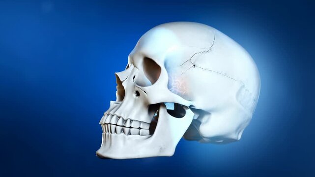3D human skull slowly rotating in side profile against a glowing blue studio background. Medical education, biology presentations, and anatomy textbooks.