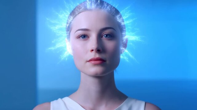 Front-facing woman with a glowing electric aura in a blue studio. Technology advertising, artificial intelligence presentations, and digital transformation campaigns.