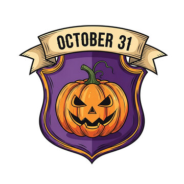 October 31 halloween shield emblem with creepy carved pumpkin