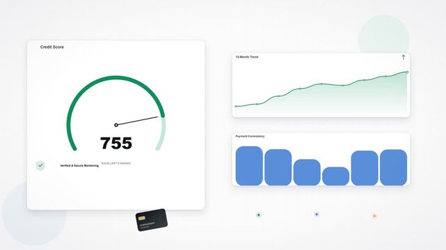 Animated credit score dashboard increasing on gauge, financial monitoring interface isolated on white