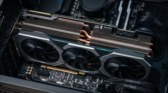 High performance graphics card with triple fans and large heatsink installed inside a computer case