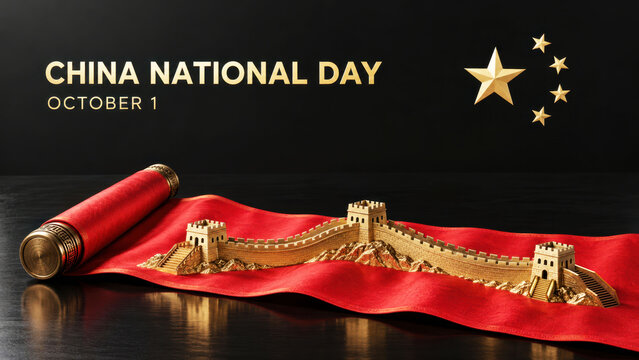 China National Day Celebration with Great Wall on Red Silk Scroll