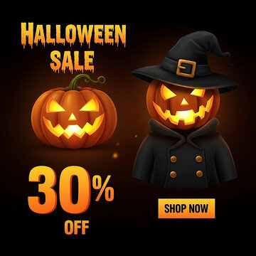 Dark halloween sale background with glowing jack olanterns