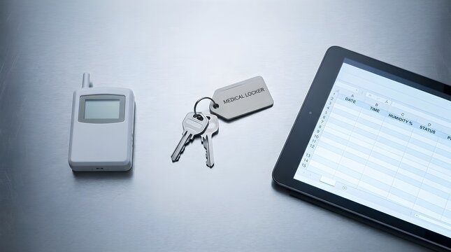 Smart cold chain pharmaceutical logistics tools featuring a digital humidity sensor, medical locker keys, and a tablet displaying an electronic logbook for vaccine storage monitoring.