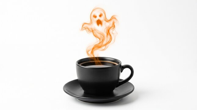 Black coffee cup with steam forming a spooky ghost shape for Halloween
