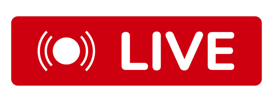 Red Live Streaming Button with Signal Waves Icon for Video Broadcast. Isolated Vector Illustration on White Background