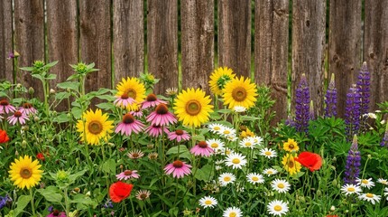 Obraz premium Vibrant wildflower garden with diverse floral species blooming, set against a rustic wooden backdrop and ample copy space