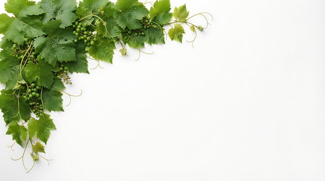 Green grapevine tendrils with unripe berries in soft natural light against a clean white background