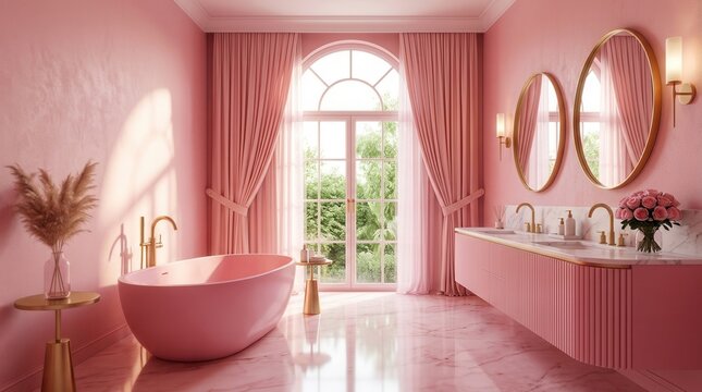 Vibrant pink bathroom room boasting a sophisticated layout and stylish fittings