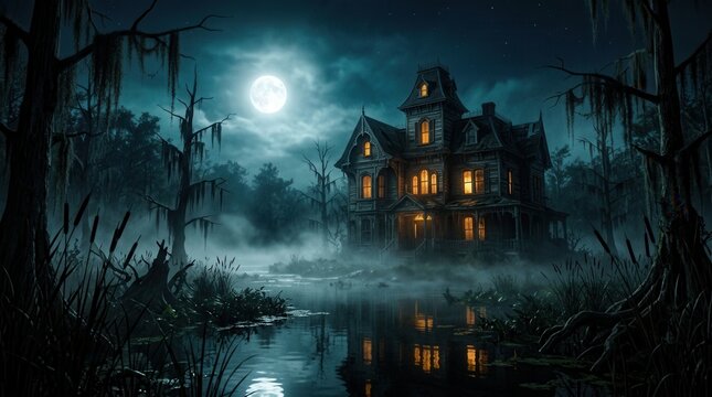 Glowing creepy mansion in a mystical swamp scene under a full moon night sky