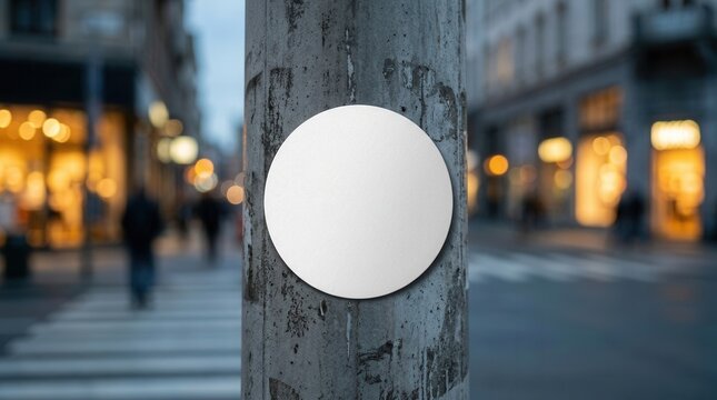 Round blank sticker mockup with a white textured label template attached to a pillar in a city street