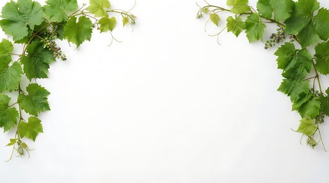 Vine leaves with developing grape clusters on white background during daylight with copy space