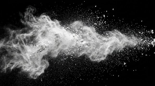 Black space background featuring an abstract pattern of exploding white dust and grain texture.