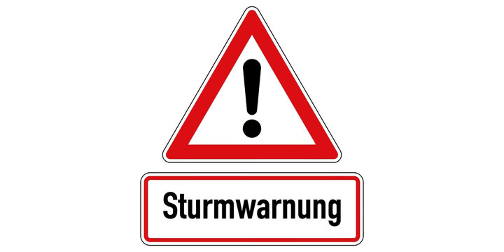 Sturmwarnung sign featuring red triangular warning frame and rectangular text panel for public safety and weather notifications.