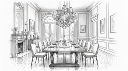 Obraz premium Architectural pencil sketch of a luxury dining room with long table and ornate chandelier