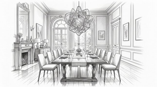 Architectural pencil sketch of a luxury dining room with long table and ornate chandelier