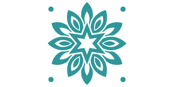 Turquoise floral mandala ornament featuring symmetric geometric petals and decorative corner dots.
