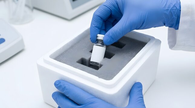 Professional gloved hands placing a vaccine vial into a temperature-controlled thermal storage container, representing smart cold chain pharmaceutical logistics for secure medical supply transport.