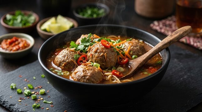 A full serving of bakso featuring spicy toppings and succulent meatballs