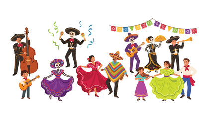 Naklejka premium Mexican Day of the Dead vector set featuring traditional mariachi musicians, dancers, skeletons, and festive party decorations isolated on white.