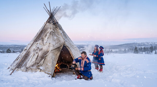 Sami people preparing food in a lavvu tent in snowy landscape  