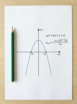 Quadratic Equation Formula and Parabola Graph on White Paper with Green Pencil for Mathematics Education