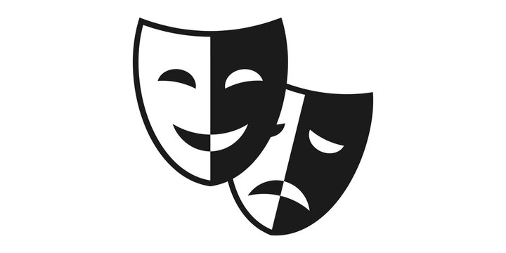 Comedy and tragedy theater masks icon representing acting performance and dramatic arts for creative industry branding.
