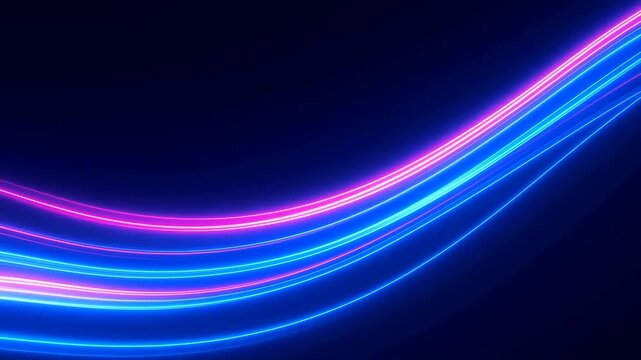 Neon light waves flow in smooth curves across a dark abstract background. Technology presentation, digital event, and website hero section.