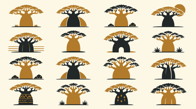 A collection of sixteen stylized baobab tree icons in various shapes and artistic representations.