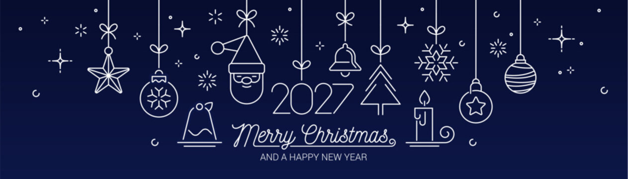 Minimalist Christmas and New Year vector banner featuring line-art festive ornaments hanging against a deep blue background, accompanied by stylized typography