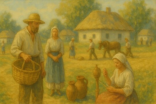 In this rural scene, a family engages in daily life with a straw basket, spinning wheel, clay pots, and simple houses in a village representing culture and tradition