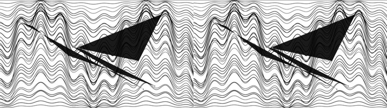 Distorted sine waves with sharp geometric triangles for sound frequency and abstract science graphics.