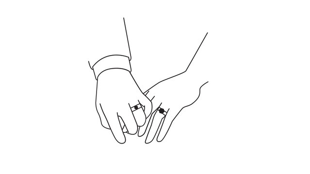 Minimalist line art of couple holding hands with wedding rings, romantic engagement sketch, simple black and white marriage illustration