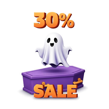 Halloween sale 30 percent off ghost on purple coffin
