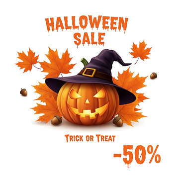 Halloween sale vector design with glowing jackolantern