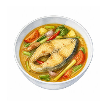 watercolor illustration of Indonesian fish soup pindang with lemongrass, tomato, and chili in a bowl
