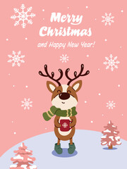 Merry Christmas vertical card with cute reindeer in green scarf holding red mug, snowflakes, and snowy pink trees on pastel background. Vector layout. © Инна Музыка