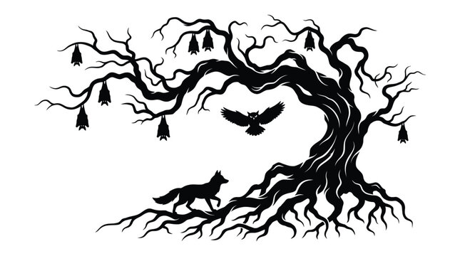 Spooky dark forest tree vector illustration featuring hanging bats and a stealthy fox silhouette design element