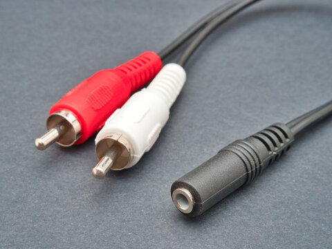 RCA to 3.5mm Jack Audio Adapter - Close-up studio shot of an RCA to 3.5mm jack audio adapter, featuring red and white male RCA plugs and a female 3.5mm stereo jack.