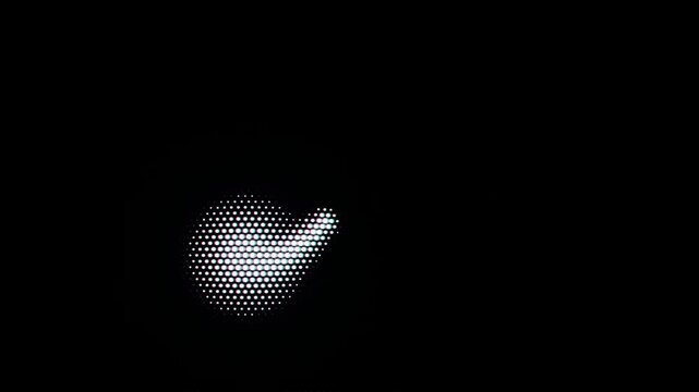 Comma punctuation symbol made of glowing white halftone dots on a dark black background
