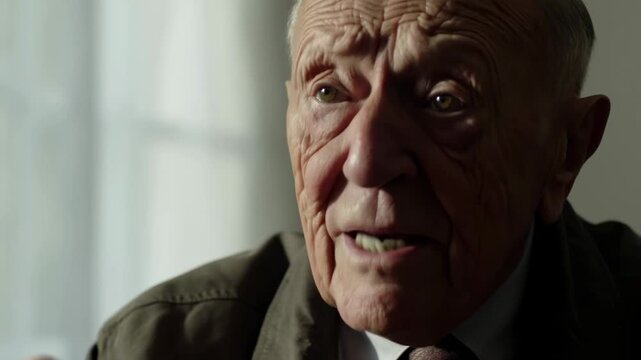 Elderly man speaking and gesturing in an indoor interview portrait. Documentary interviews, personal testimony campaigns, and senior lifestyle media.